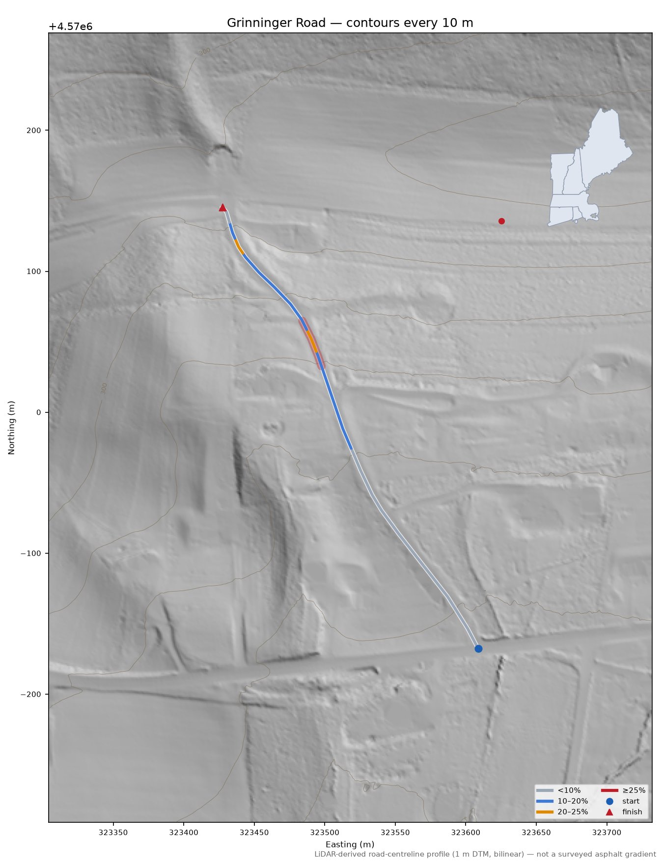 Grinninger Road LiDAR hillshade map with contours