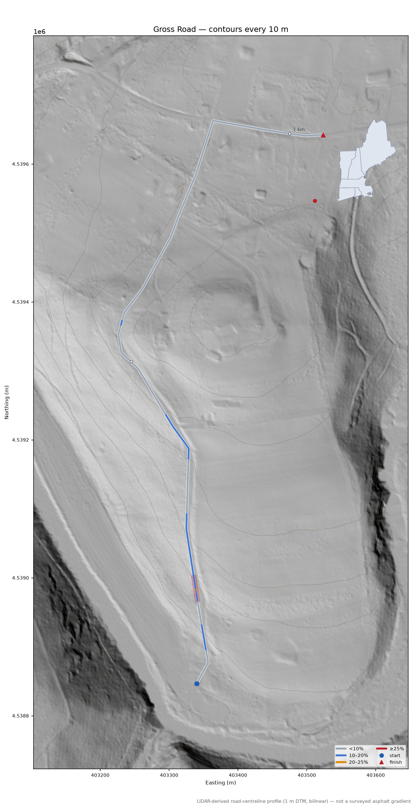 Gross Road LiDAR hillshade map with contours