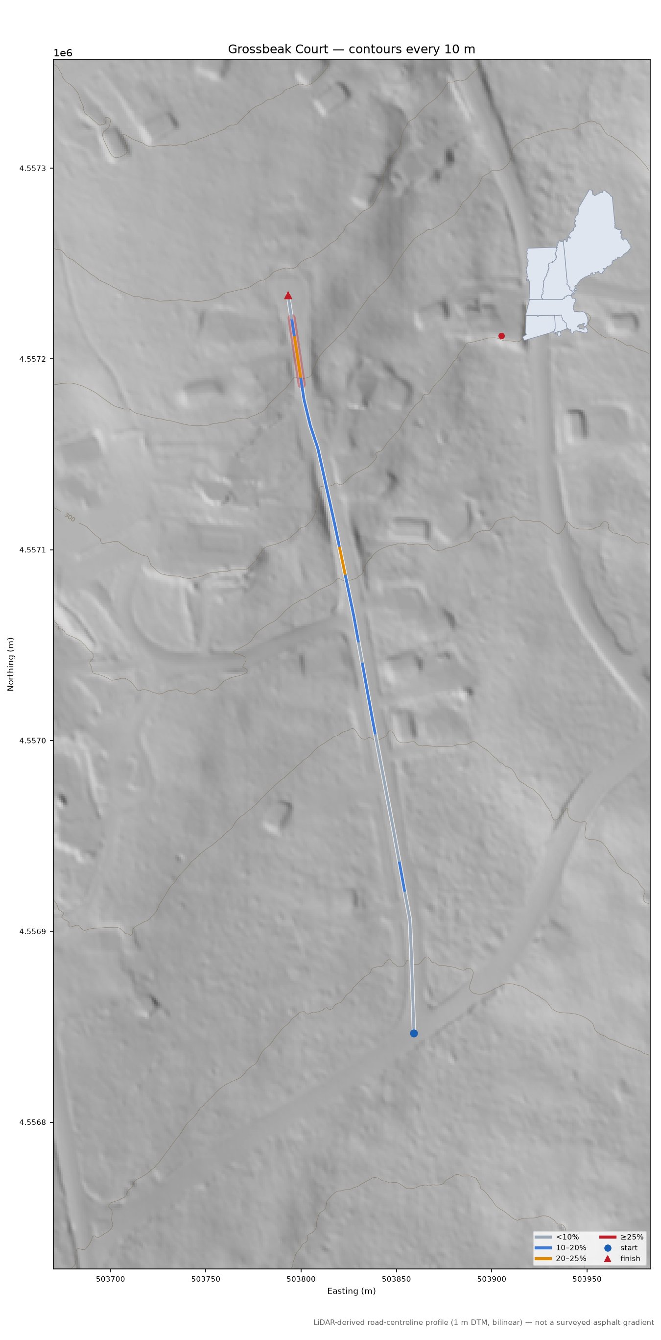 Grossbeak Court LiDAR hillshade map with contours