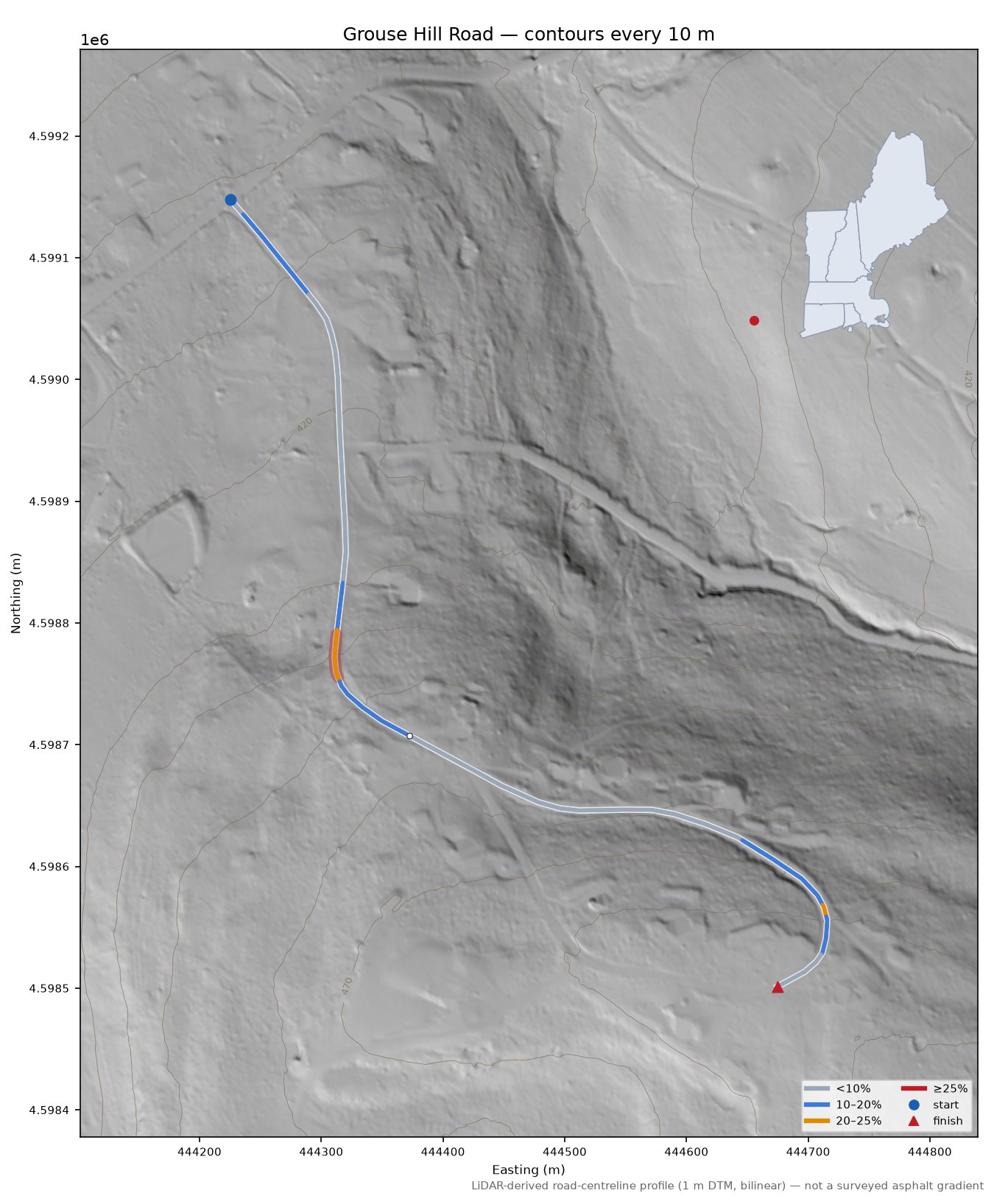 Grouse Hill Road LiDAR hillshade map with contours