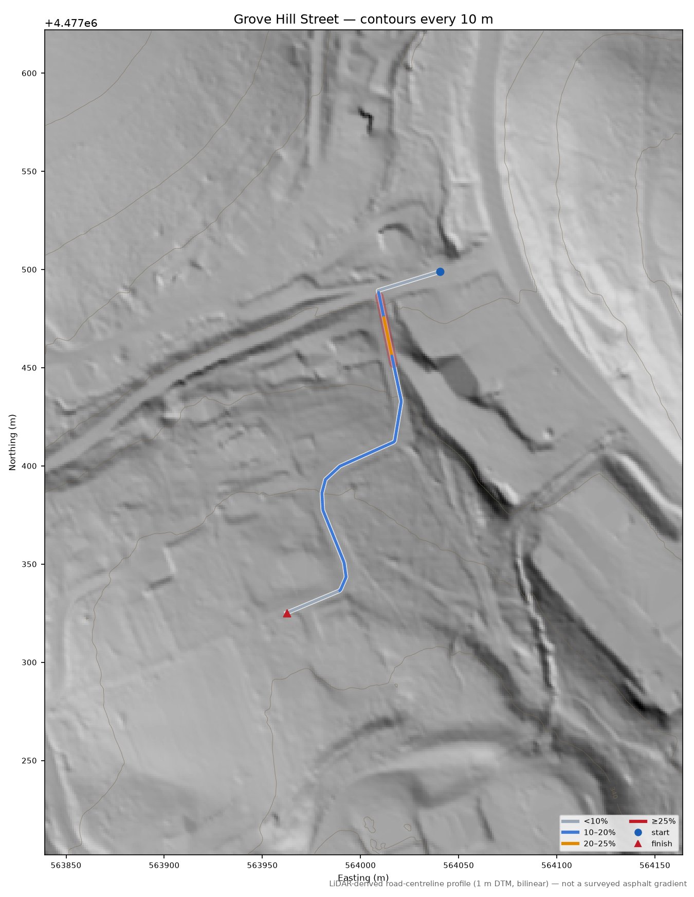 Grove Hill Street LiDAR hillshade map with contours