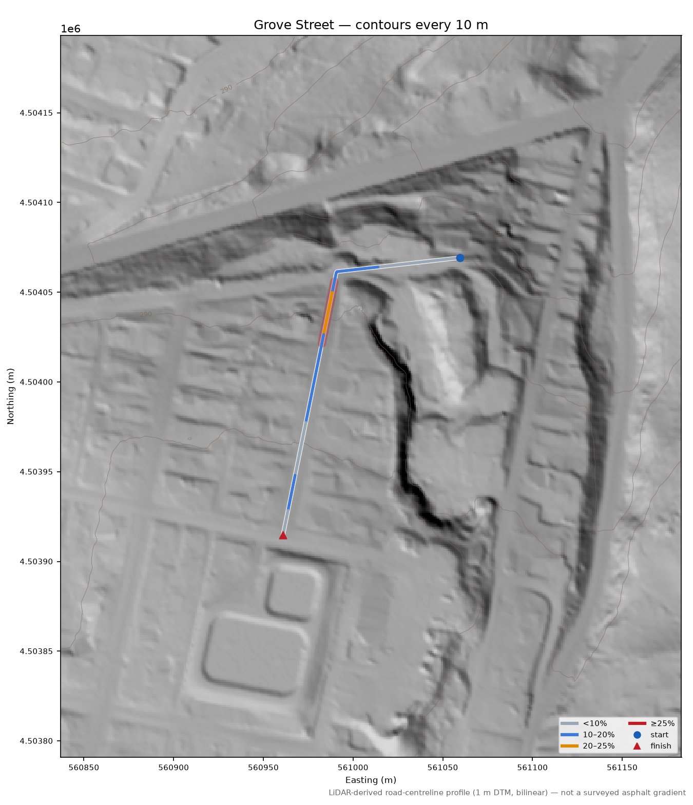Grove Street LiDAR hillshade map with contours