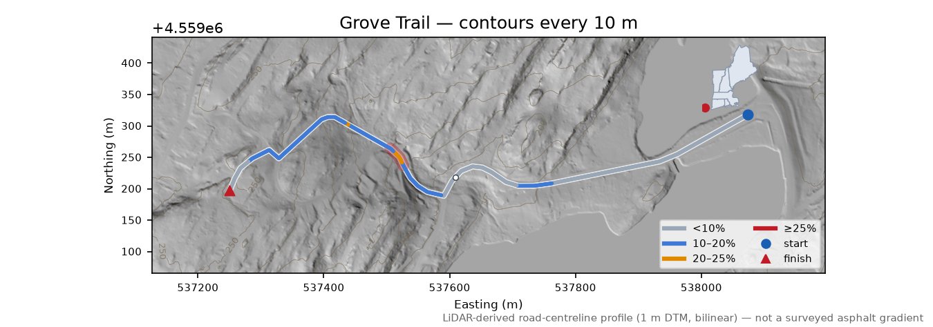 Grove Trail LiDAR hillshade map with contours