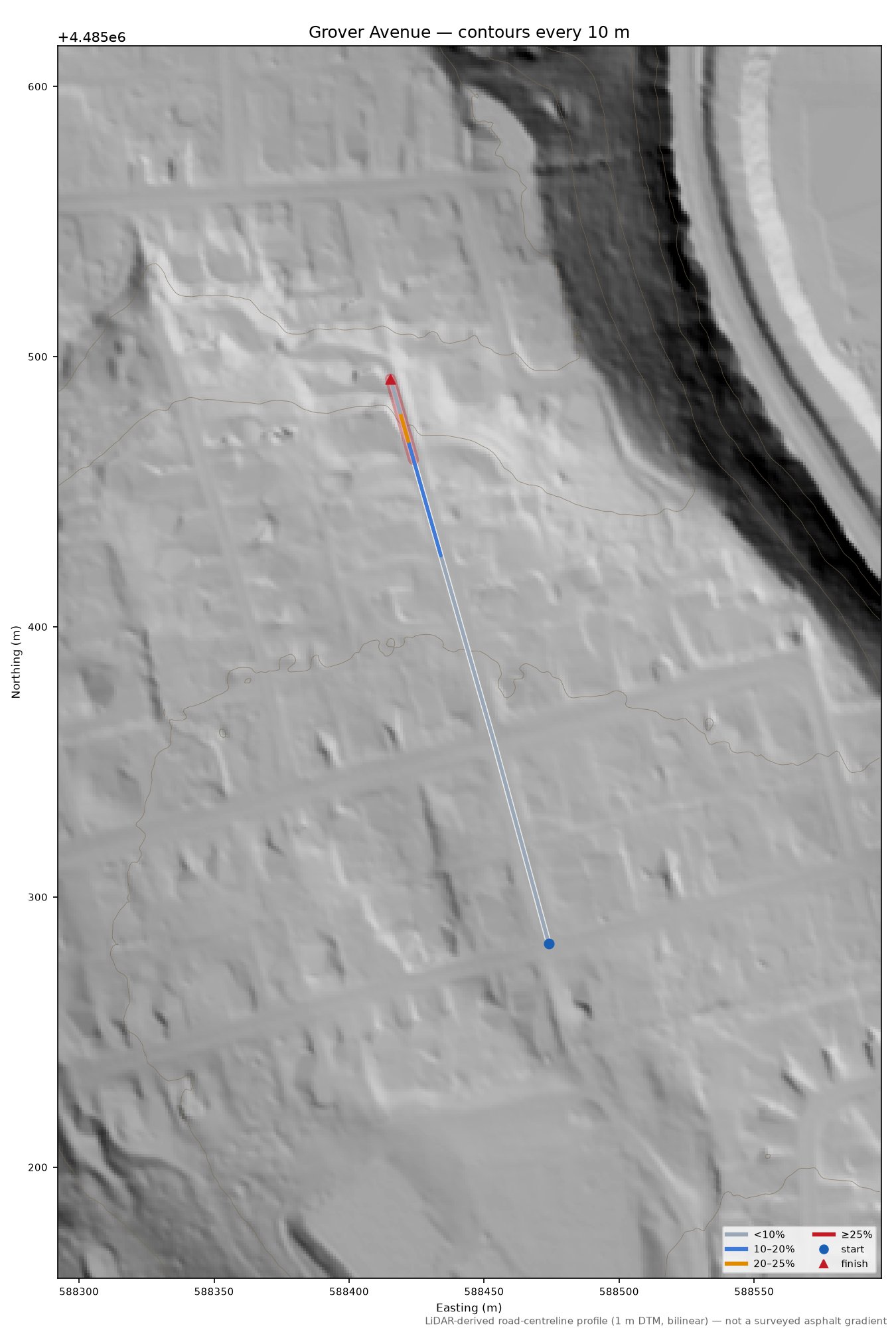 Grover Avenue LiDAR hillshade map with contours
