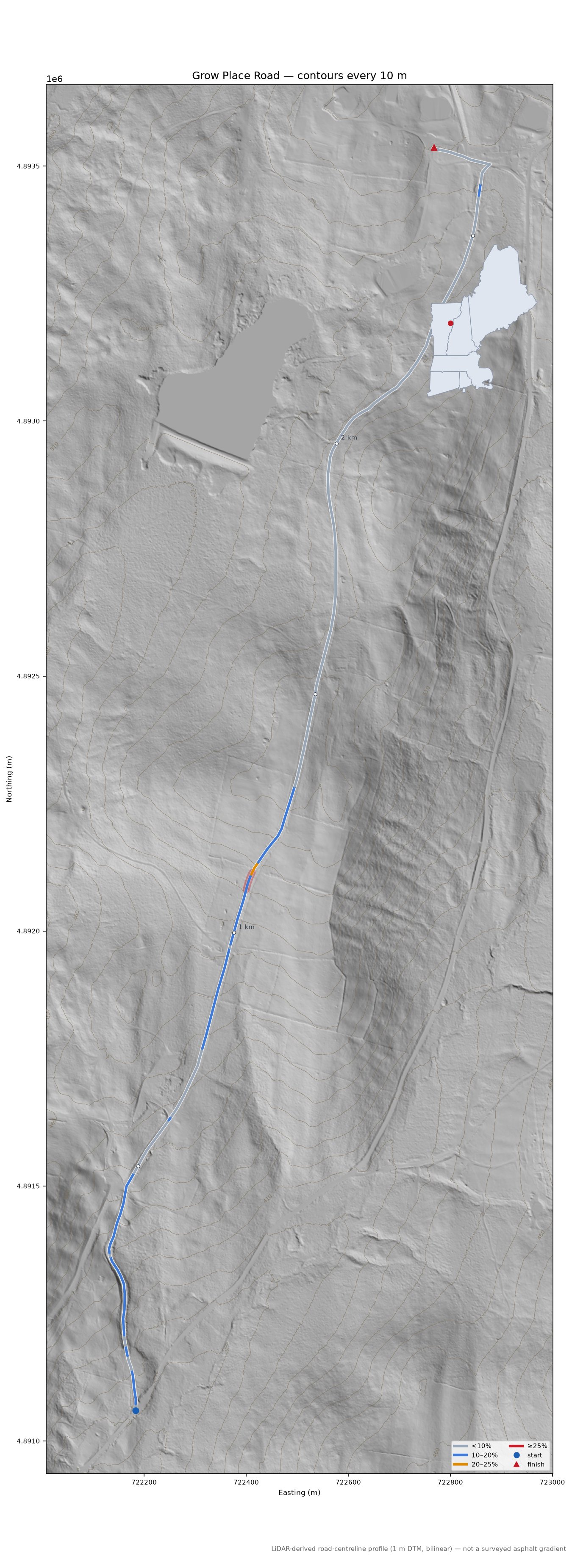 Grow Place Road LiDAR hillshade map with contours