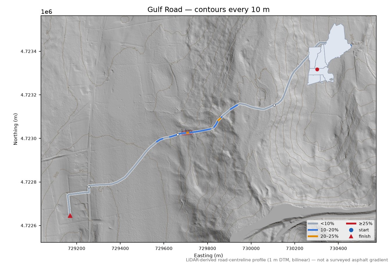 Gulf Road LiDAR hillshade map with contours