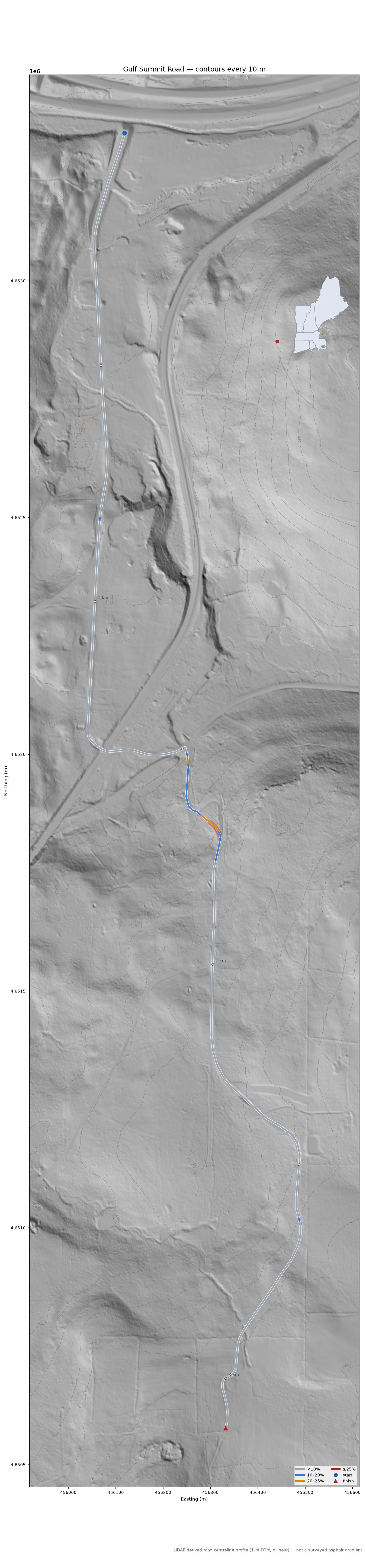 Gulf Summit Road LiDAR hillshade map with contours