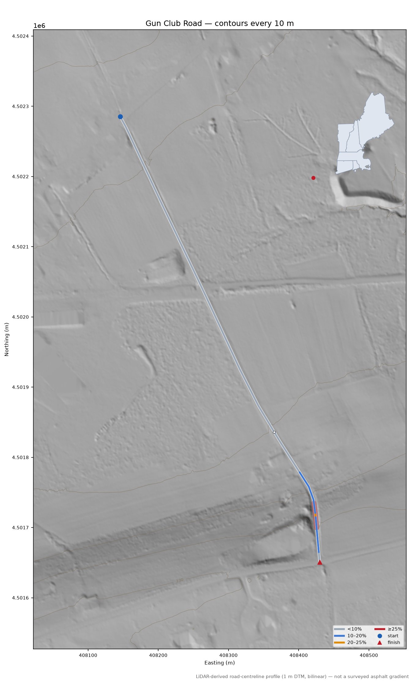 Gun Club Road LiDAR hillshade map with contours