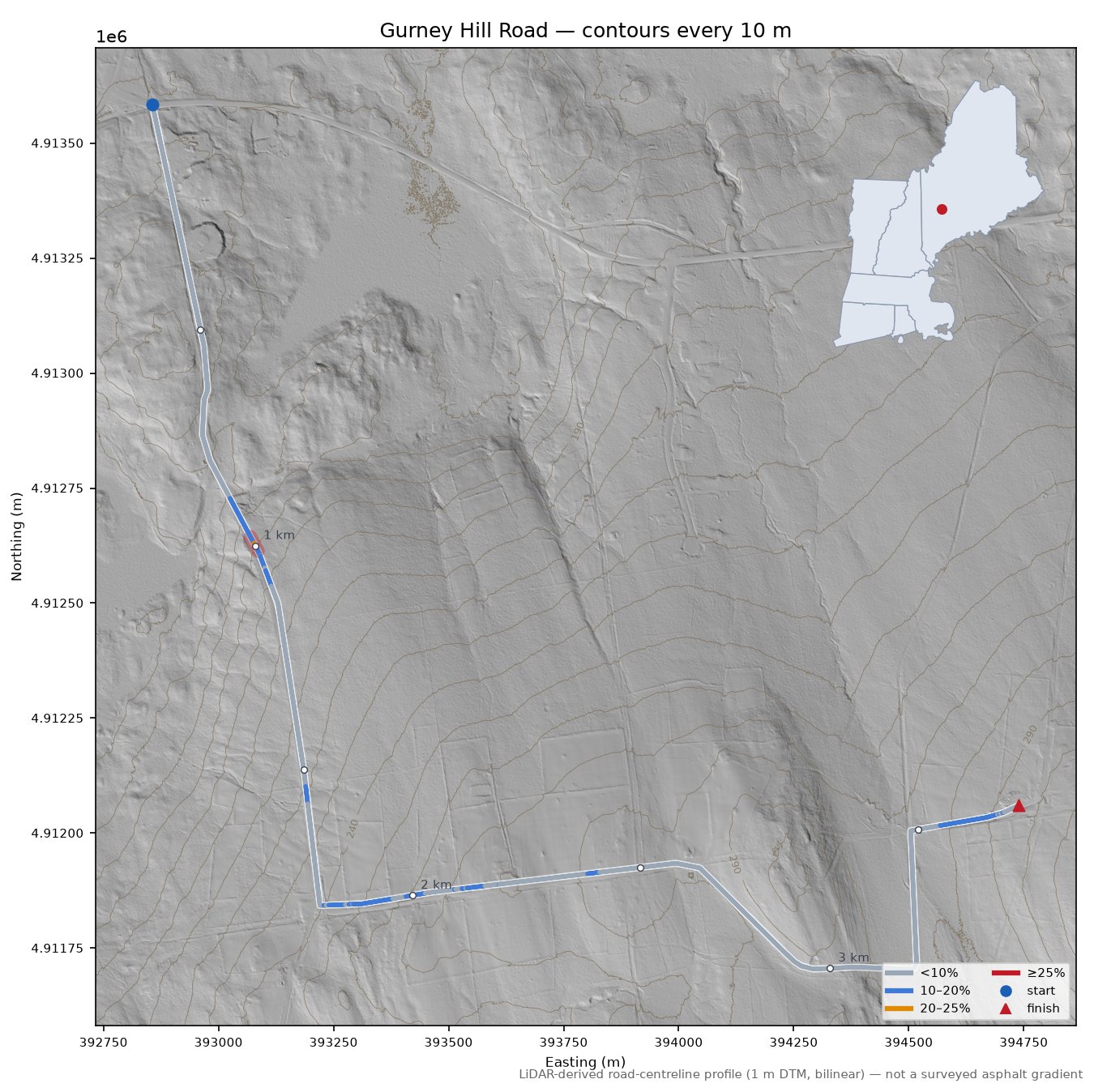 Gurney Hill Road LiDAR hillshade map with contours