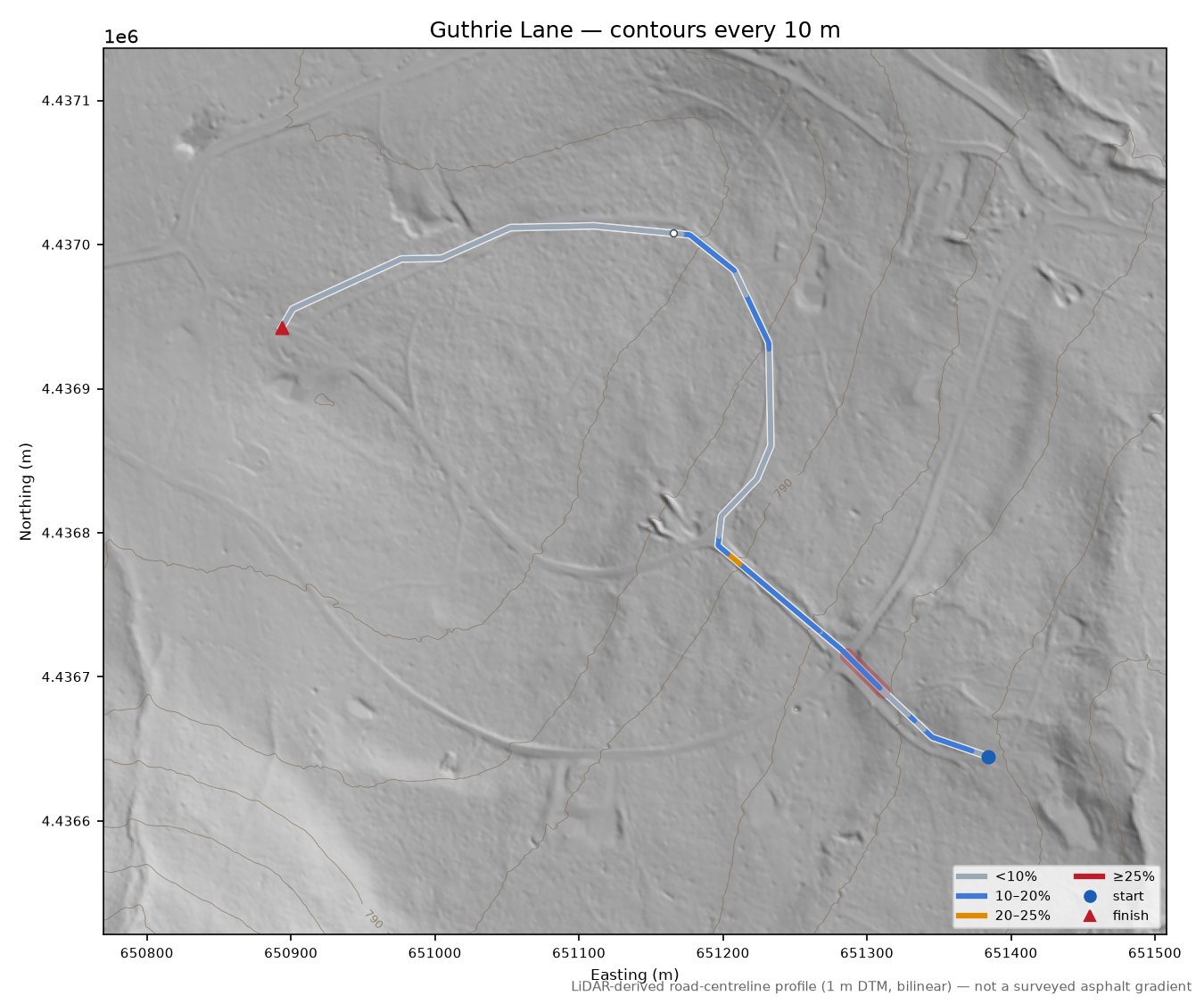 Guthrie Lane LiDAR hillshade map with contours