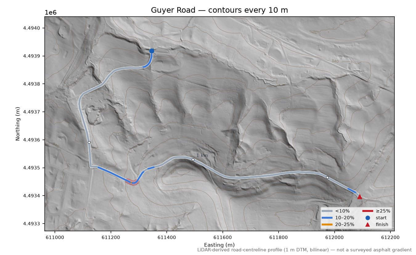 Guyer Road LiDAR hillshade map with contours