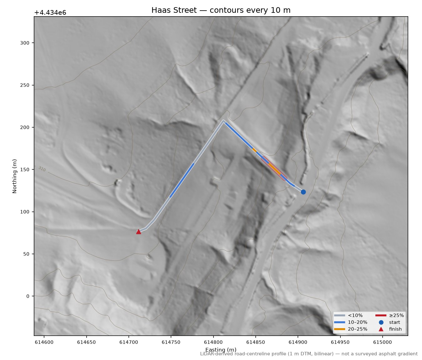 Haas Street LiDAR hillshade map with contours