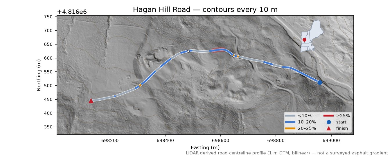 Hagan Hill Road LiDAR hillshade map with contours