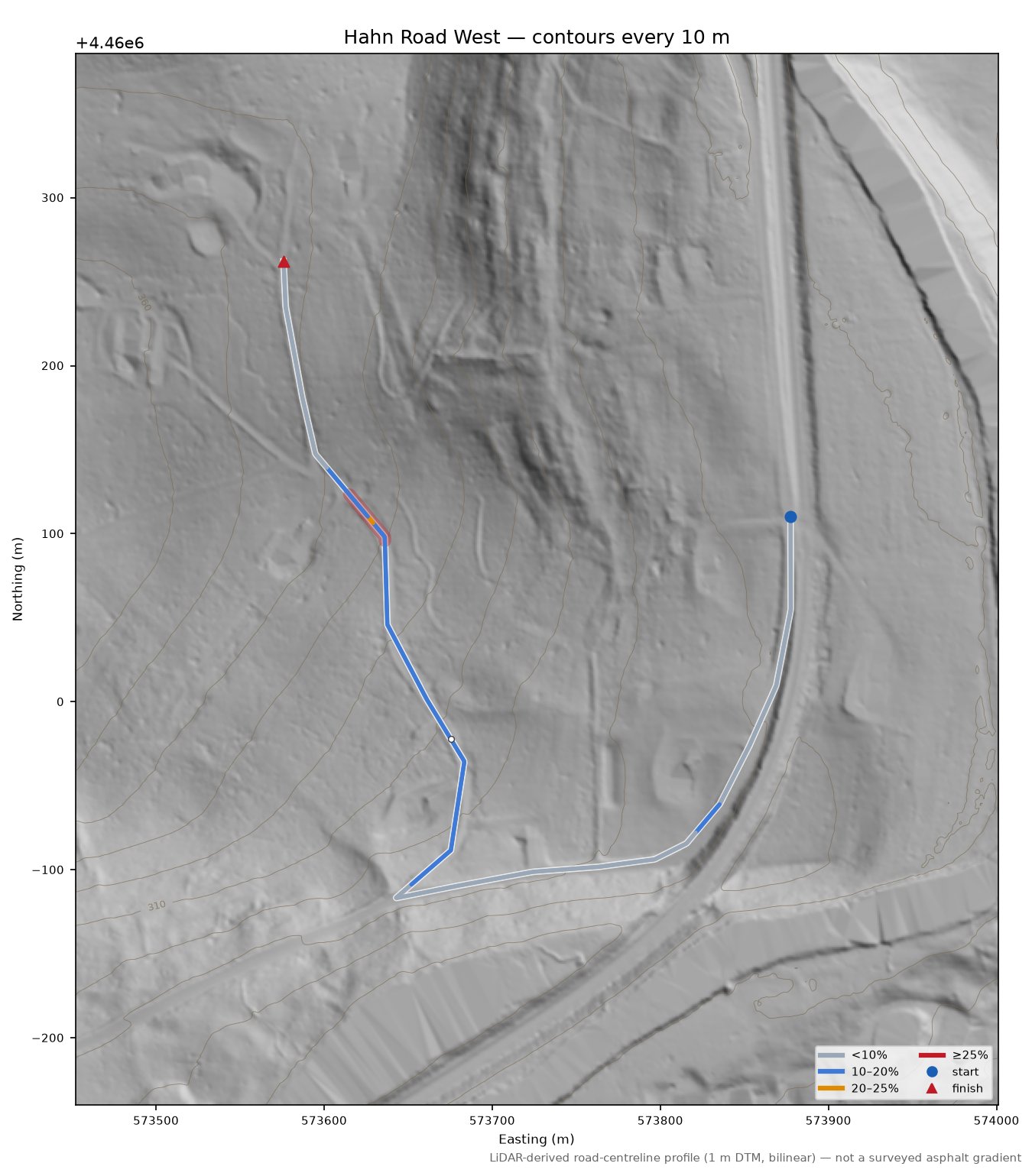 Hahn Road West LiDAR hillshade map with contours
