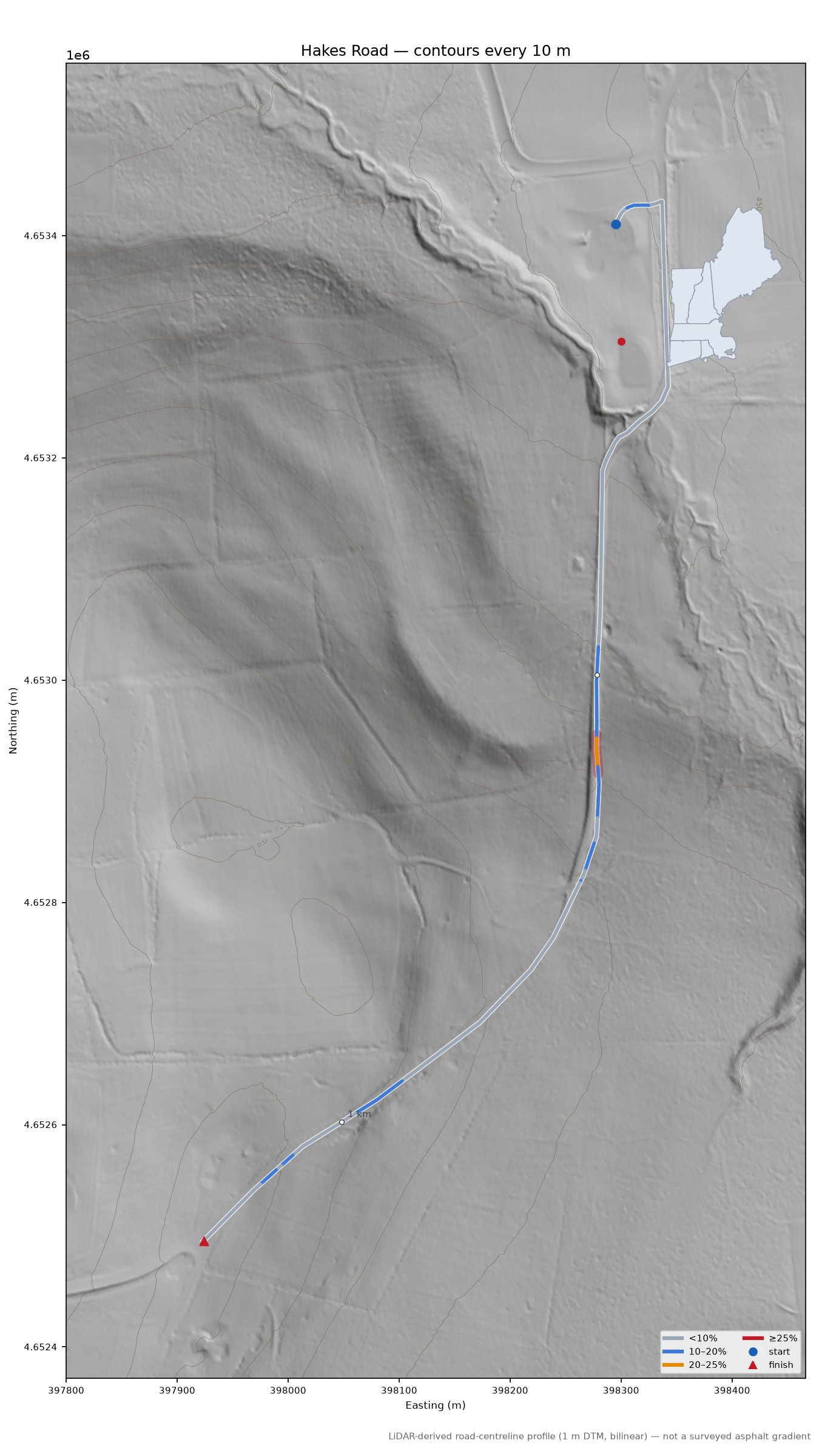 Hakes Road LiDAR hillshade map with contours