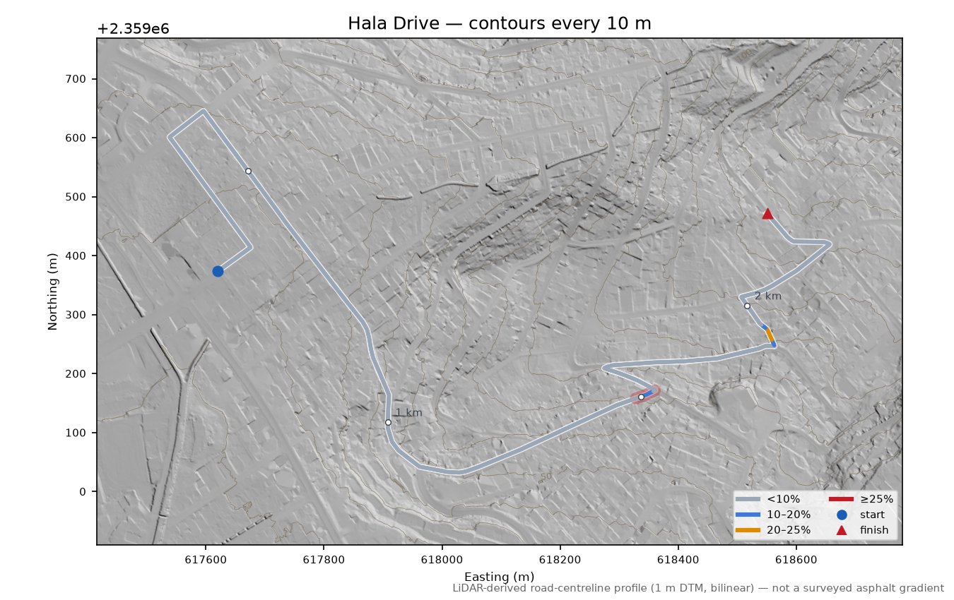 Hala Drive LiDAR hillshade map with contours