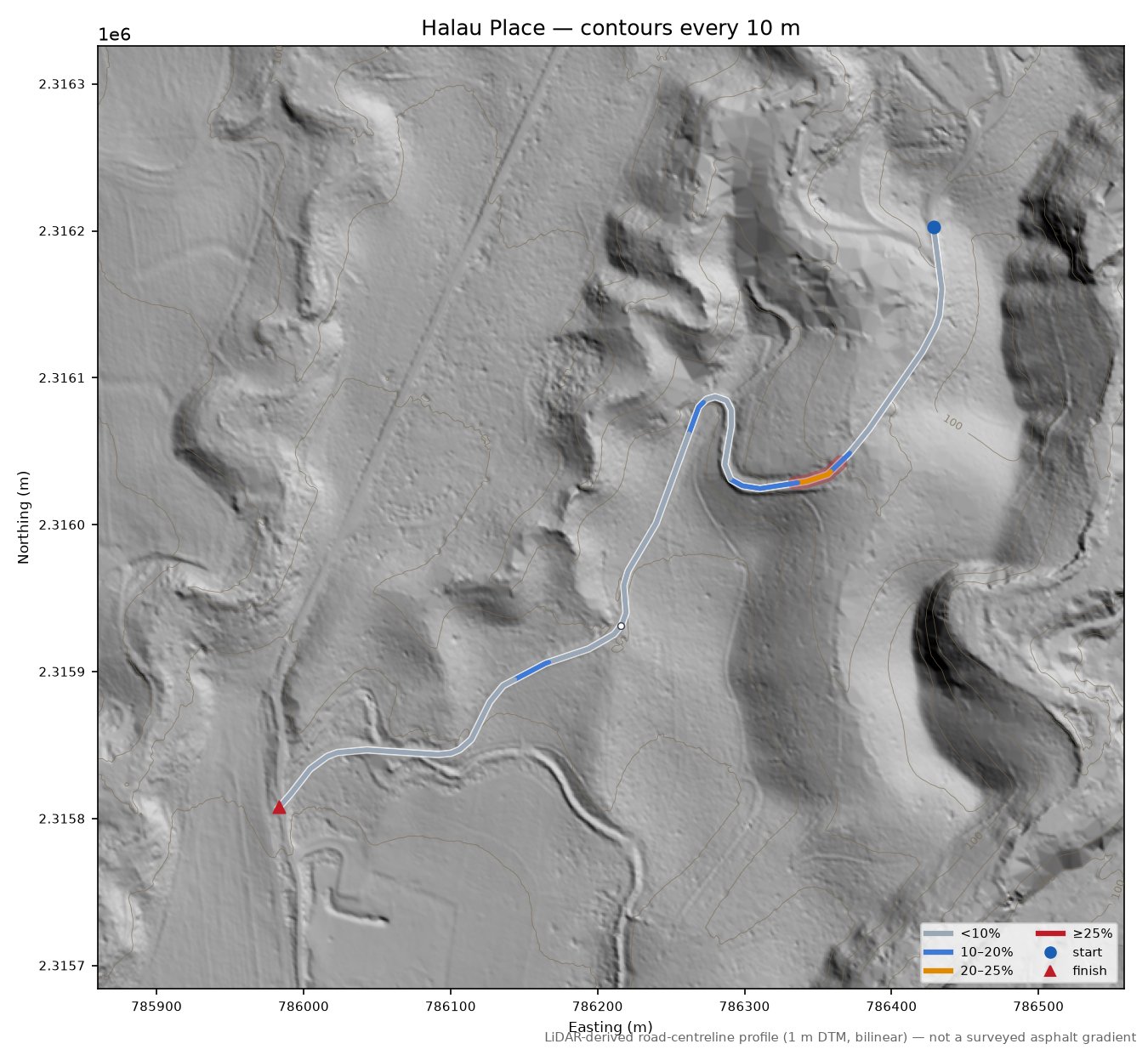 Halau Place LiDAR hillshade map with contours