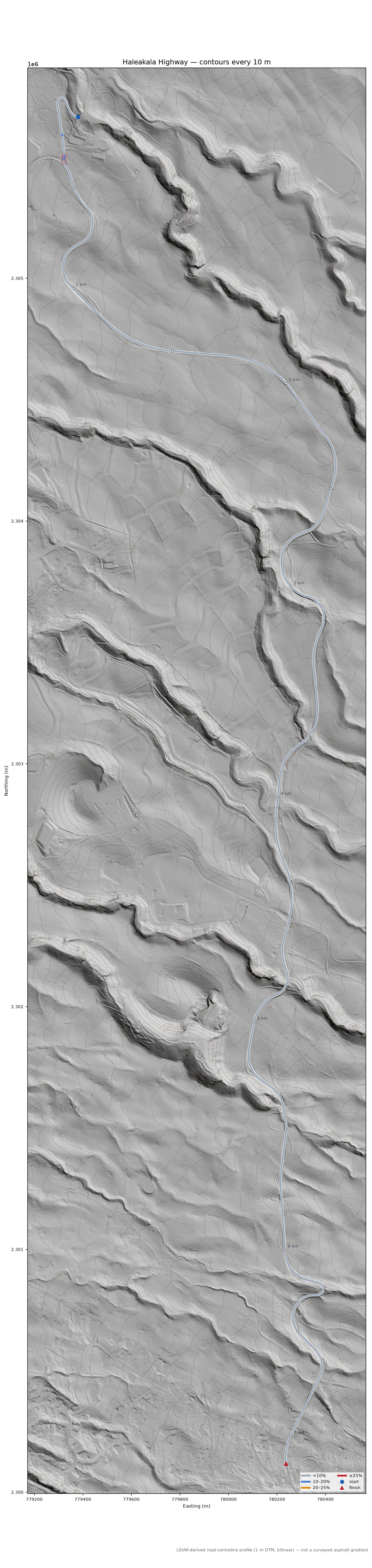 Haleakala Highway LiDAR hillshade map with contours