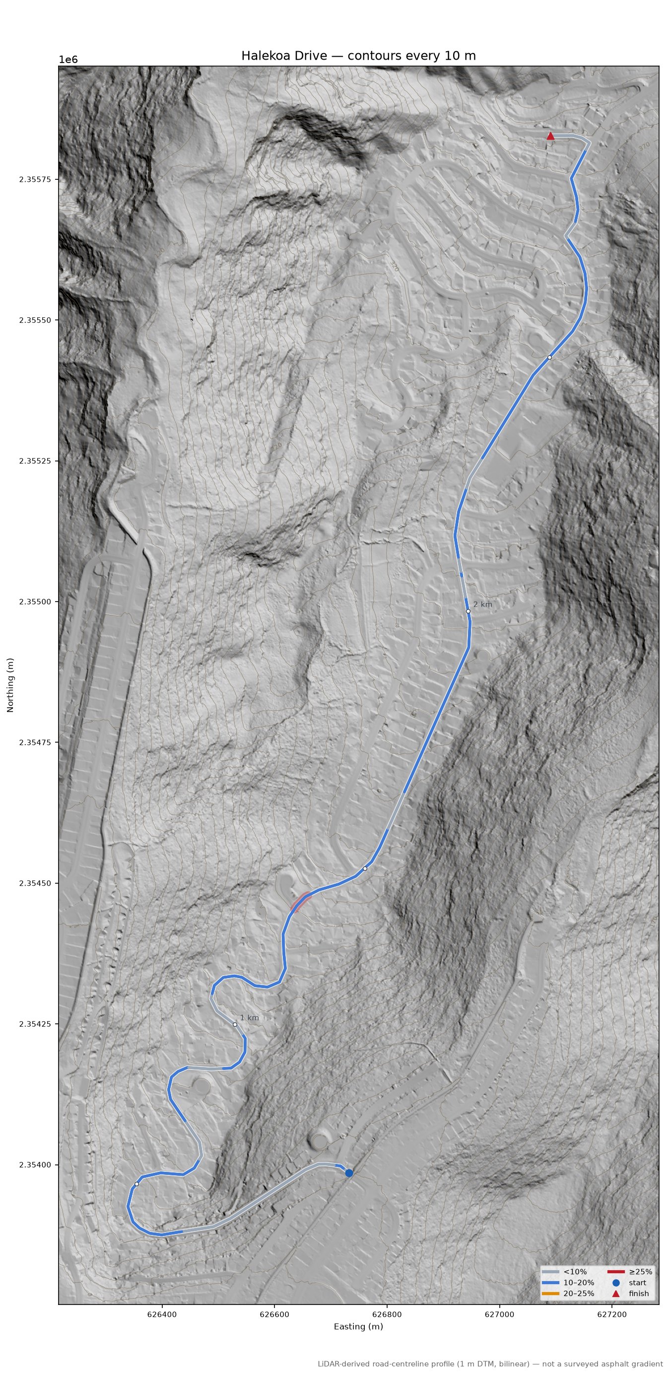 Halekoa Drive LiDAR hillshade map with contours