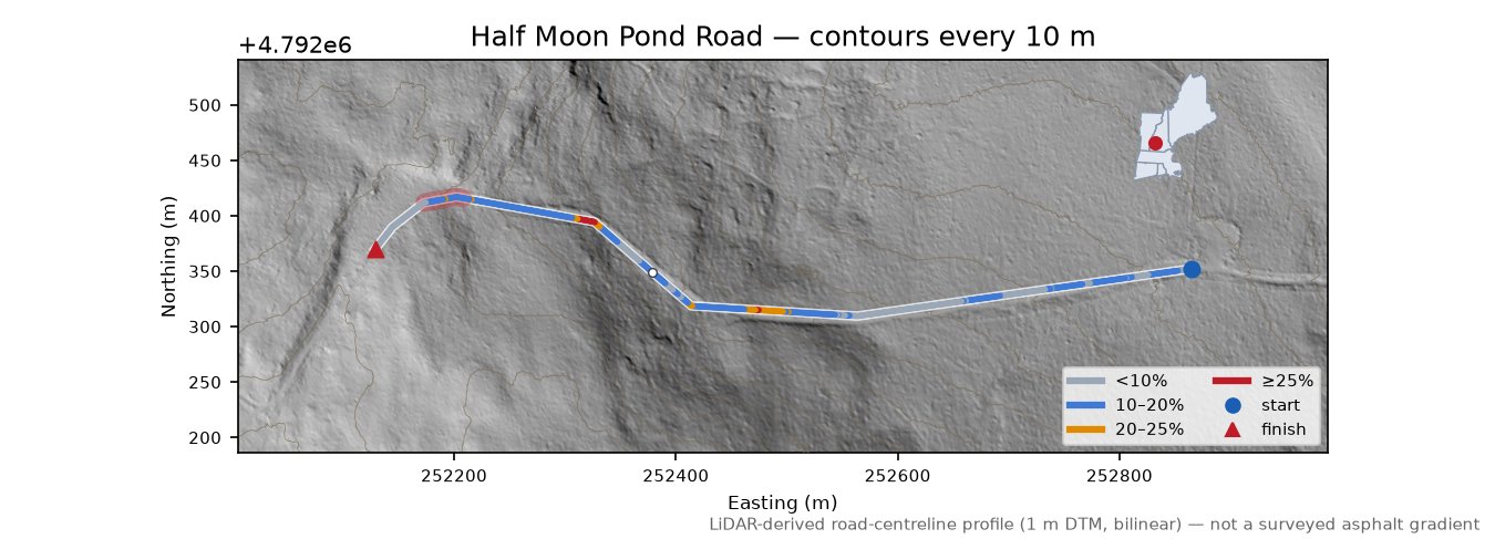Half Moon Pond Road LiDAR hillshade map with contours