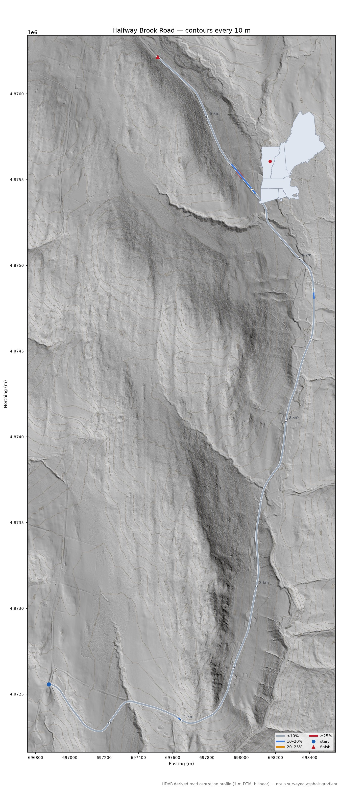 Halfway Brook Road LiDAR hillshade map with contours