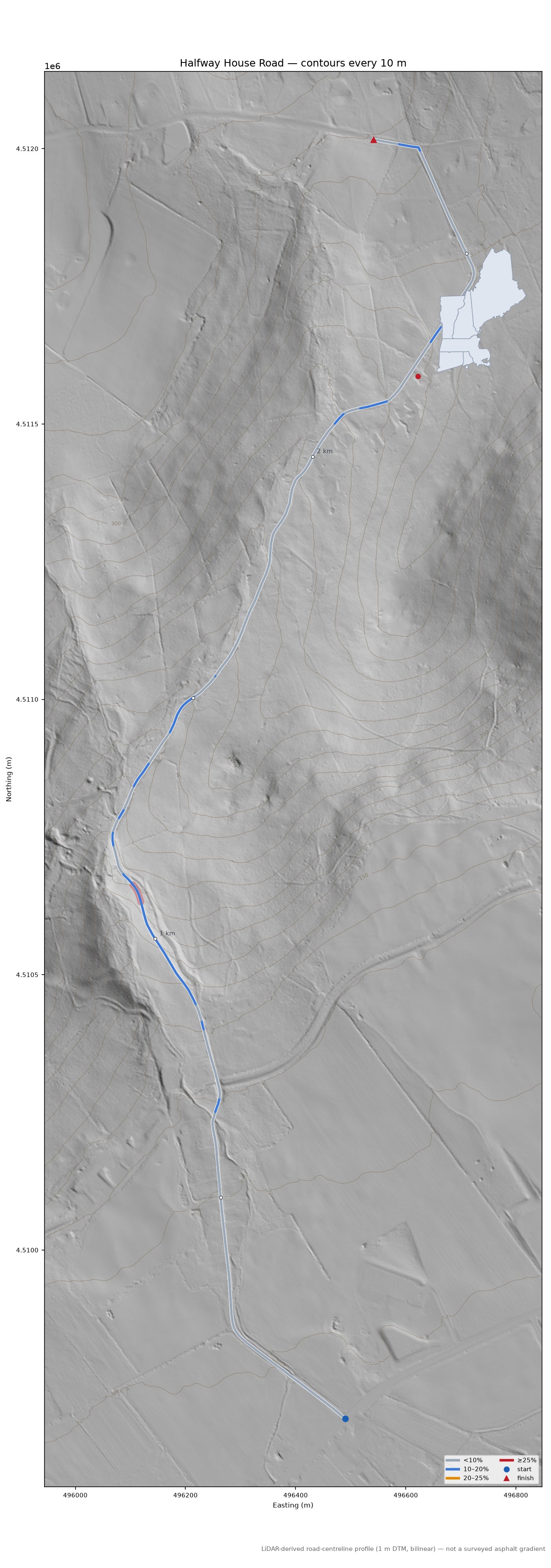 Halfway House Road LiDAR hillshade map with contours