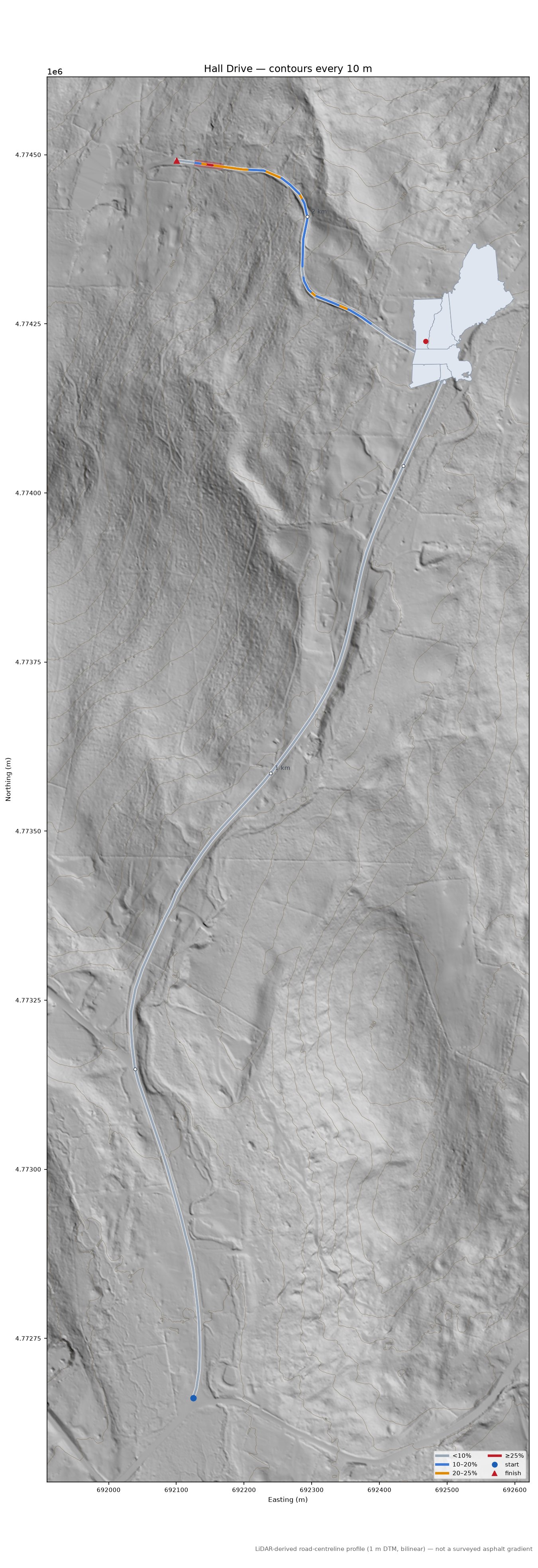 Hall Drive LiDAR hillshade map with contours