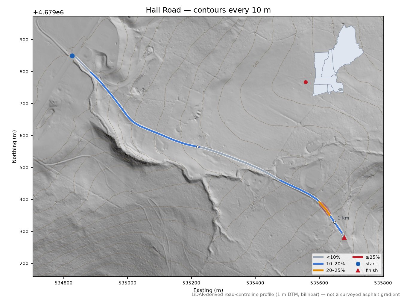 Hall Road LiDAR hillshade map with contours