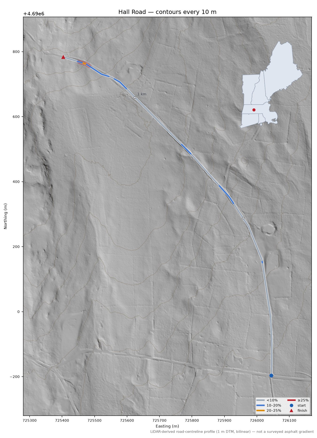 Hall Road LiDAR hillshade map with contours