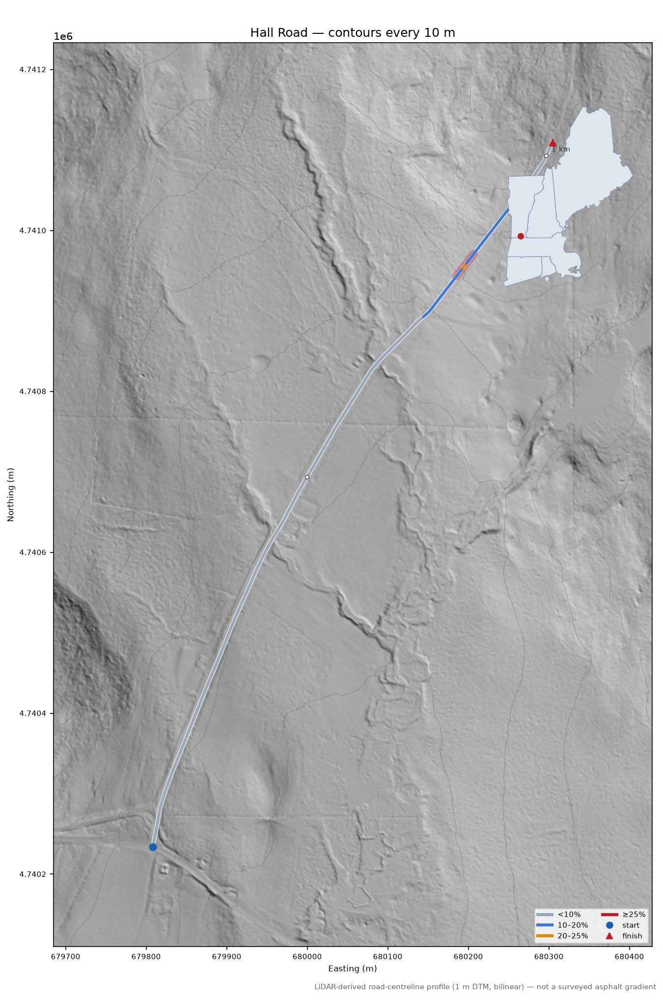 Hall Road LiDAR hillshade map with contours