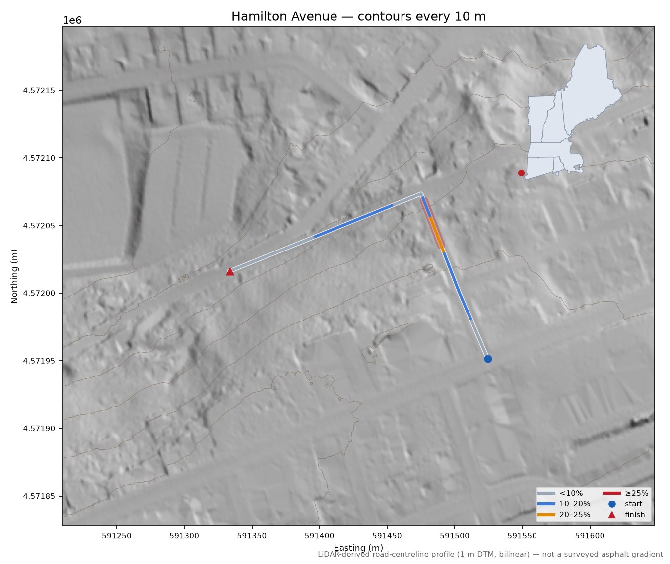 Hamilton Avenue LiDAR hillshade map with contours