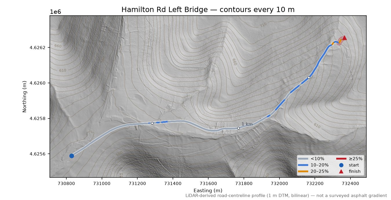 Hamilton Rd Left Bridge LiDAR hillshade map with contours