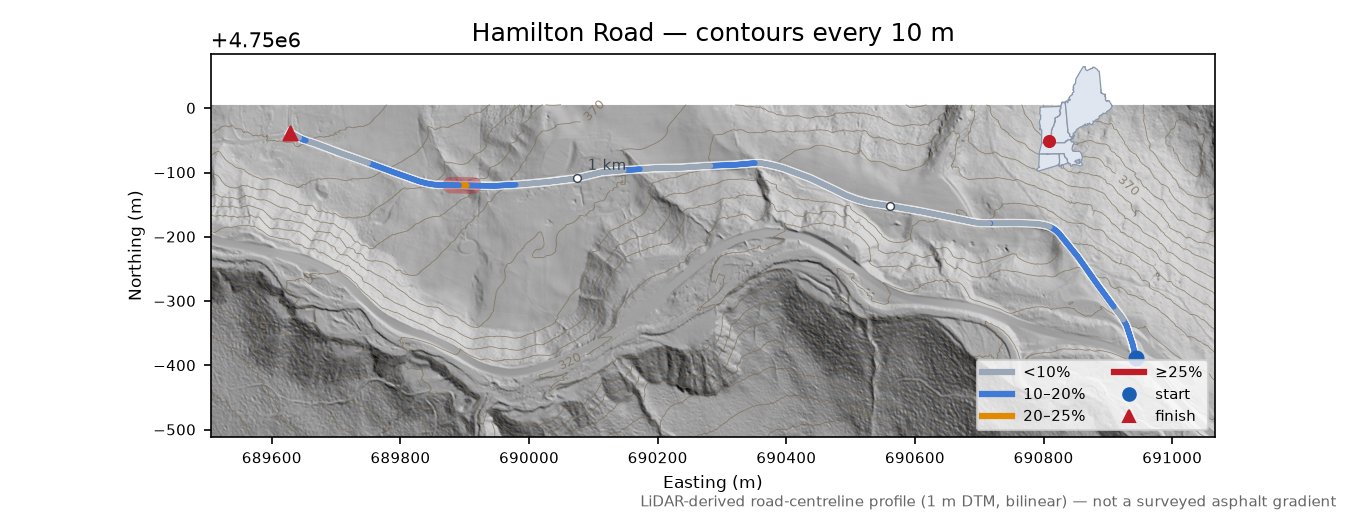 Hamilton Road LiDAR hillshade map with contours