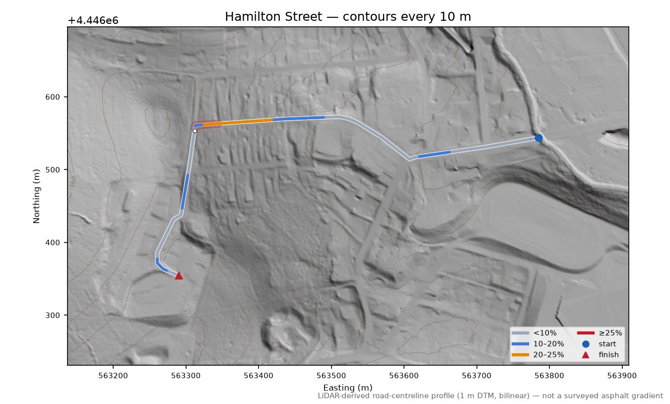 Hamilton Street LiDAR hillshade map with contours