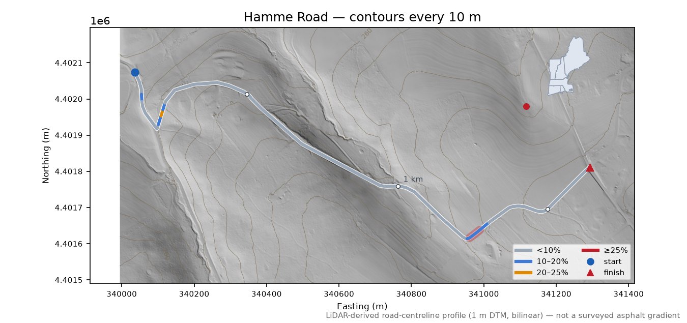 Hamme Road LiDAR hillshade map with contours