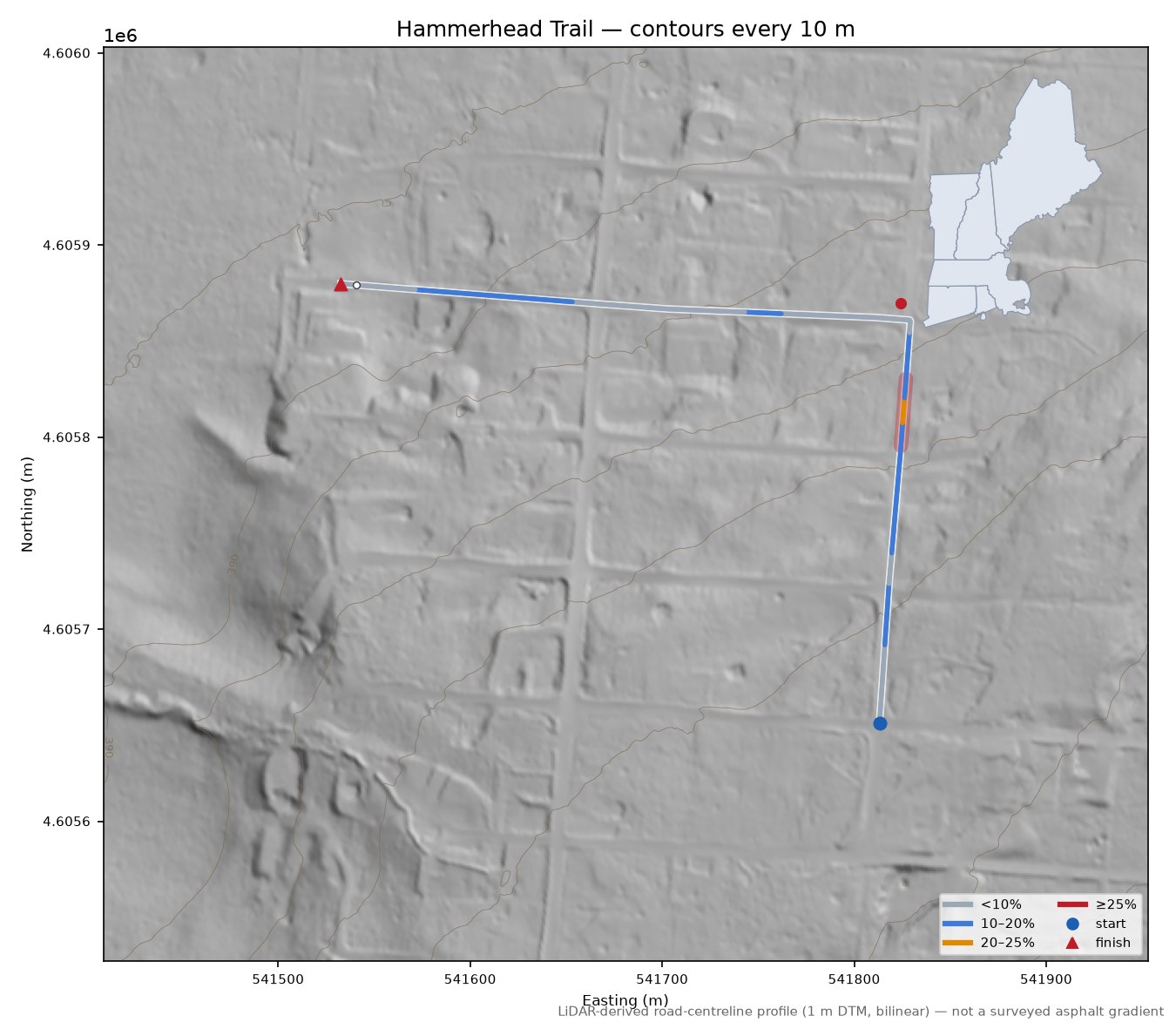 Hammerhead Trail LiDAR hillshade map with contours