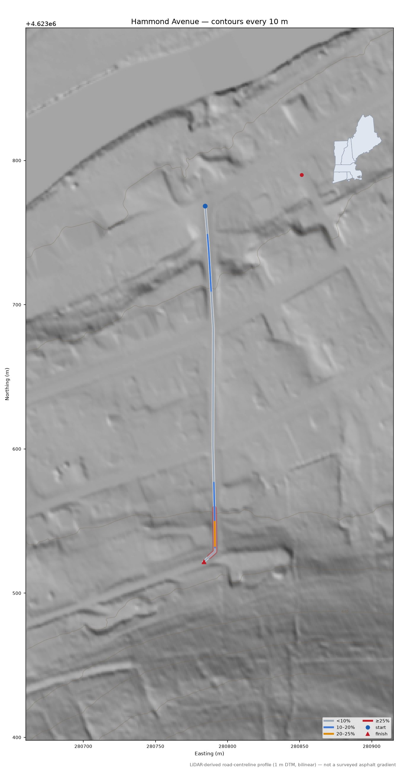 Hammond Avenue LiDAR hillshade map with contours