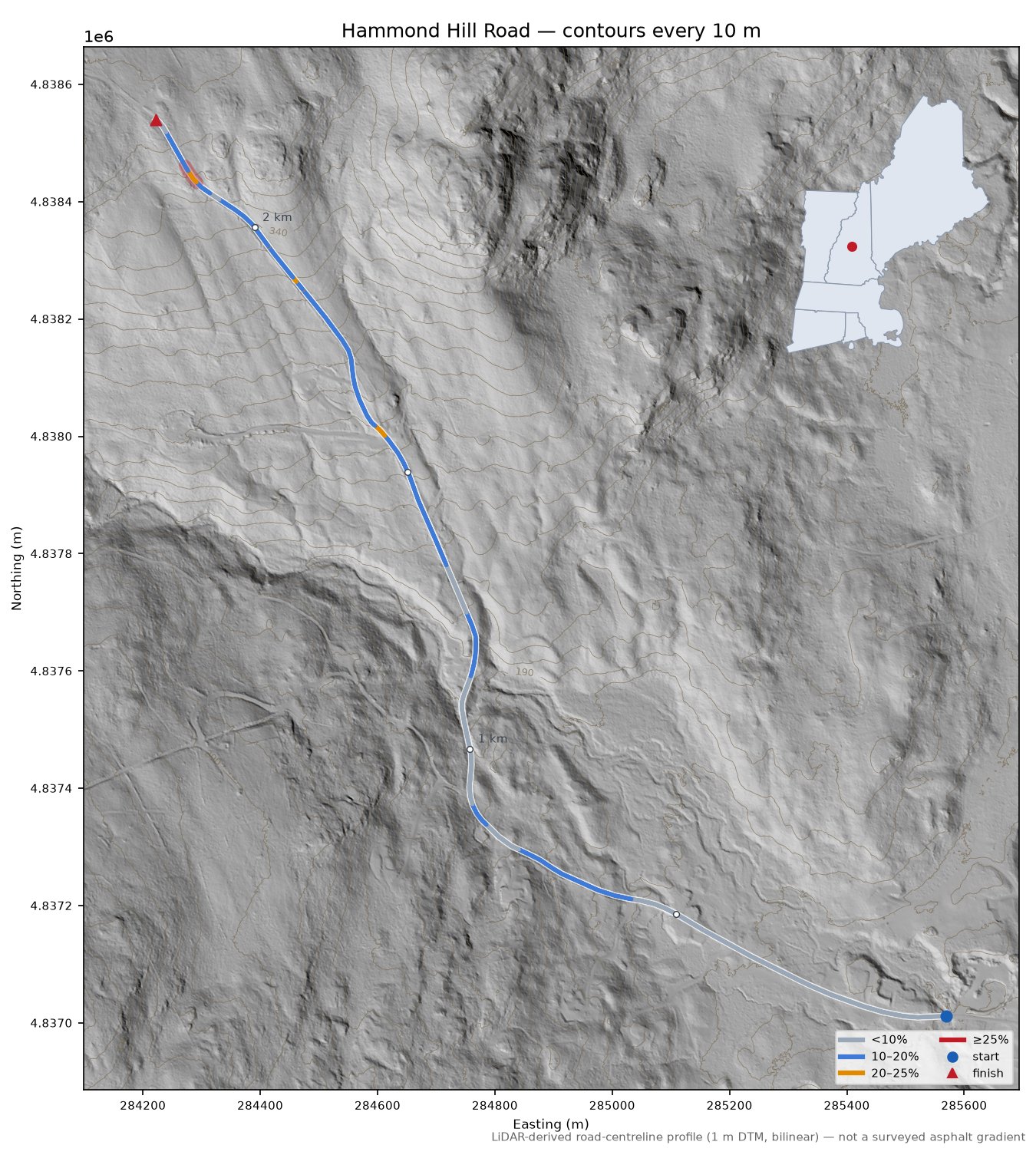 Hammond Hill Road LiDAR hillshade map with contours