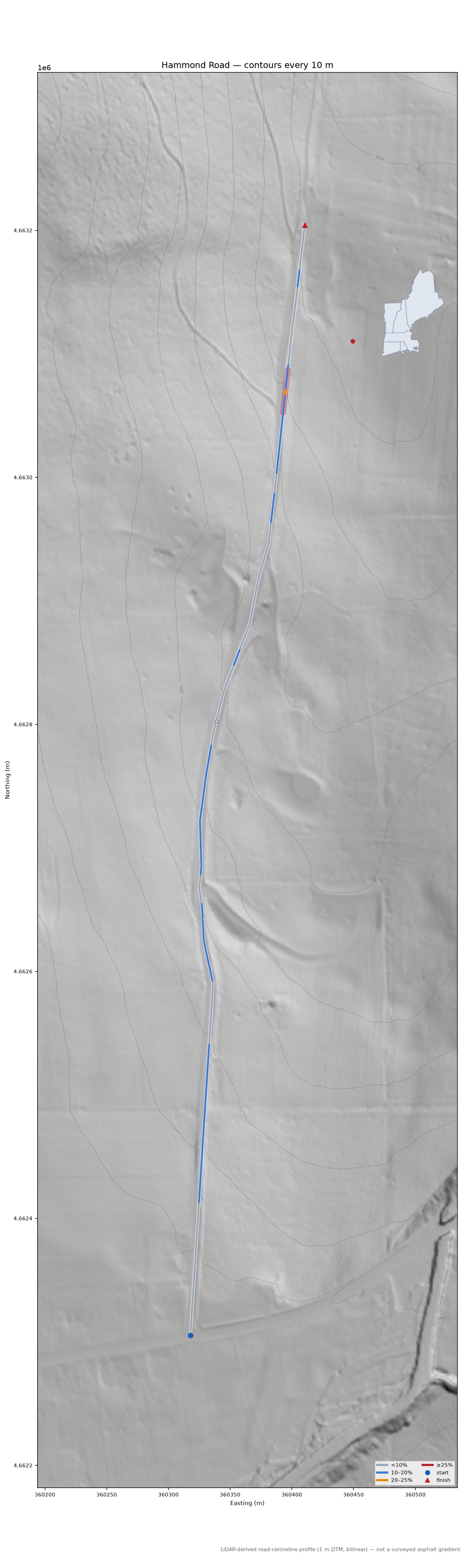Hammond Road LiDAR hillshade map with contours