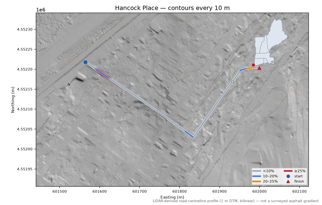 Hancock Place LiDAR hillshade map with contours