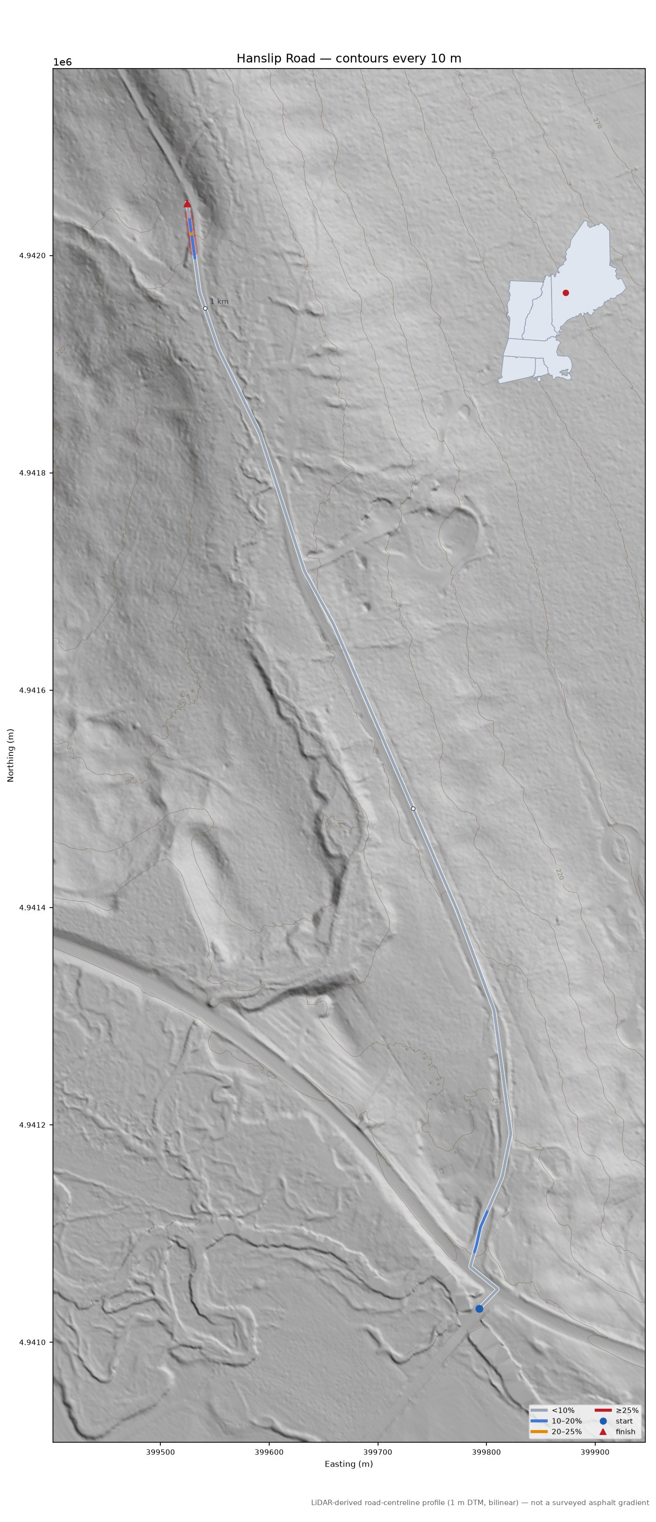 Hanslip Road LiDAR hillshade map with contours