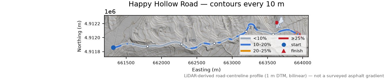 Happy Hollow Road LiDAR hillshade map with contours