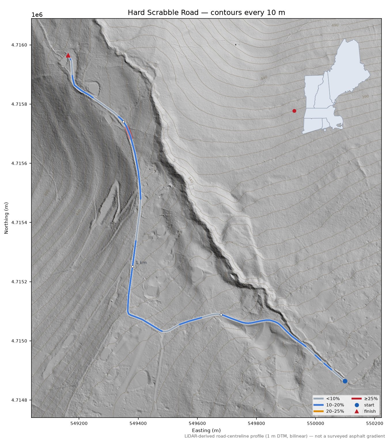 Hard Scrabble Road LiDAR hillshade map with contours