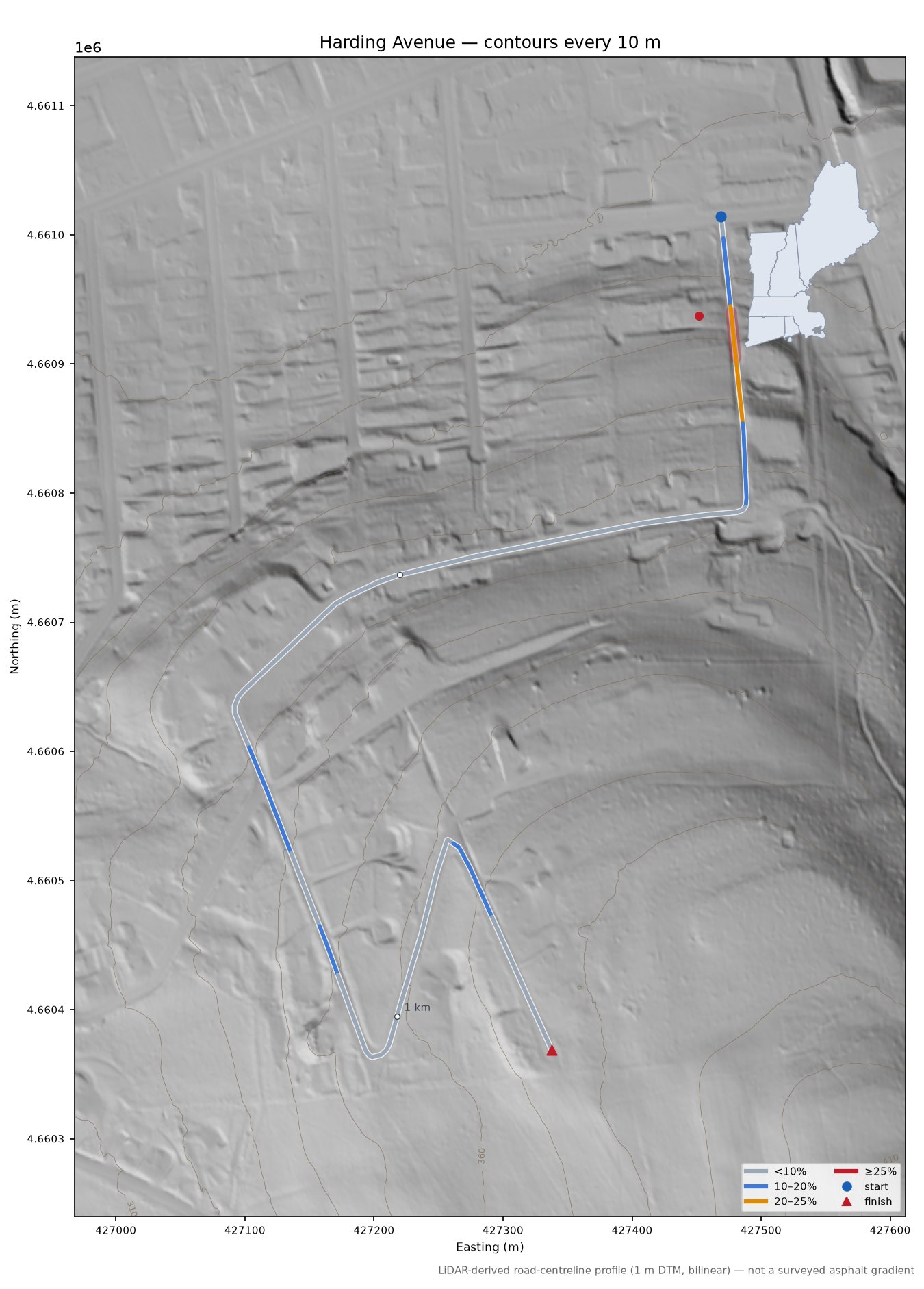 Harding Avenue LiDAR hillshade map with contours