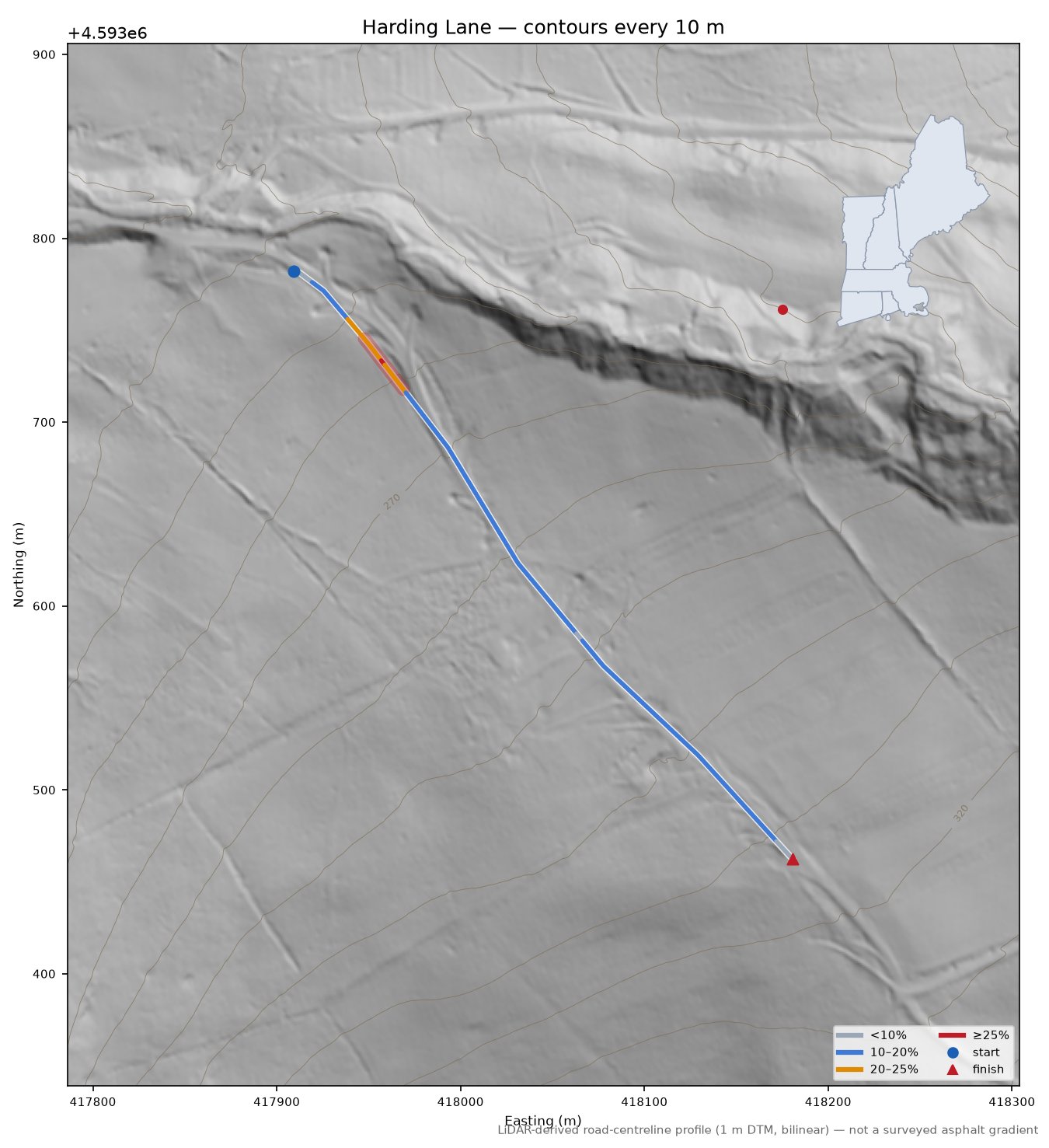 Harding Lane LiDAR hillshade map with contours