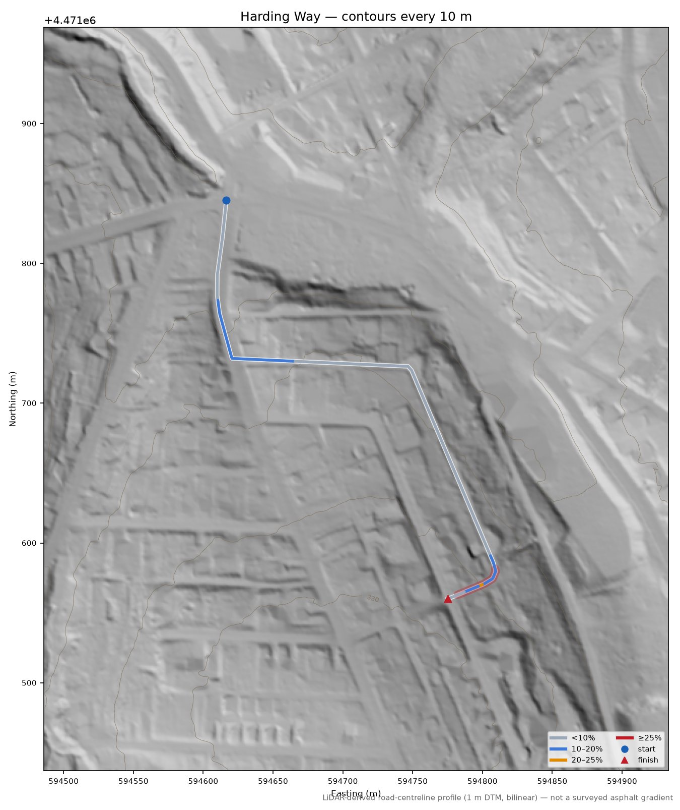 Harding Way LiDAR hillshade map with contours