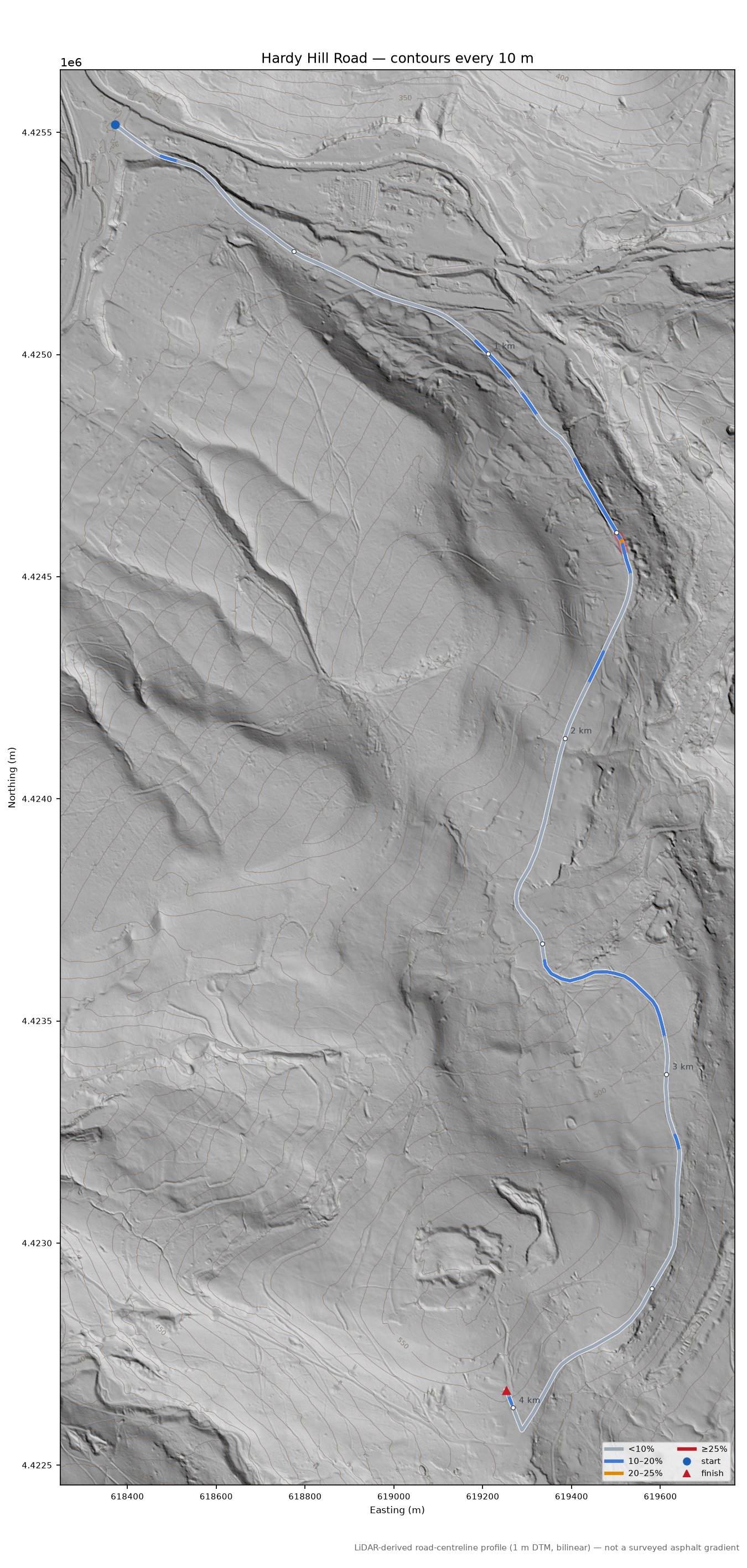 Hardy Hill Road LiDAR hillshade map with contours