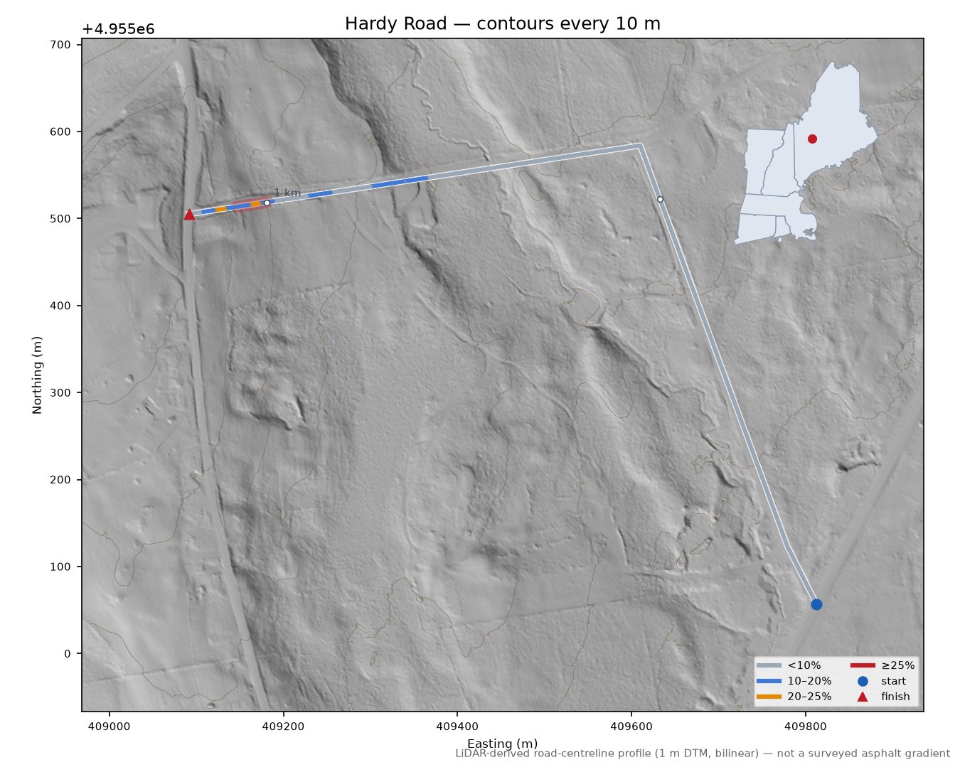Hardy Road LiDAR hillshade map with contours