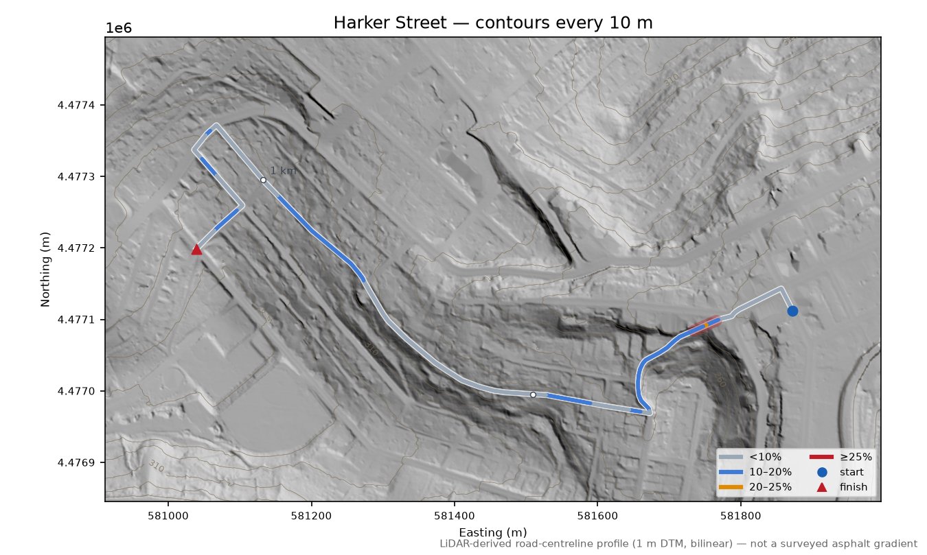 Harker Street LiDAR hillshade map with contours