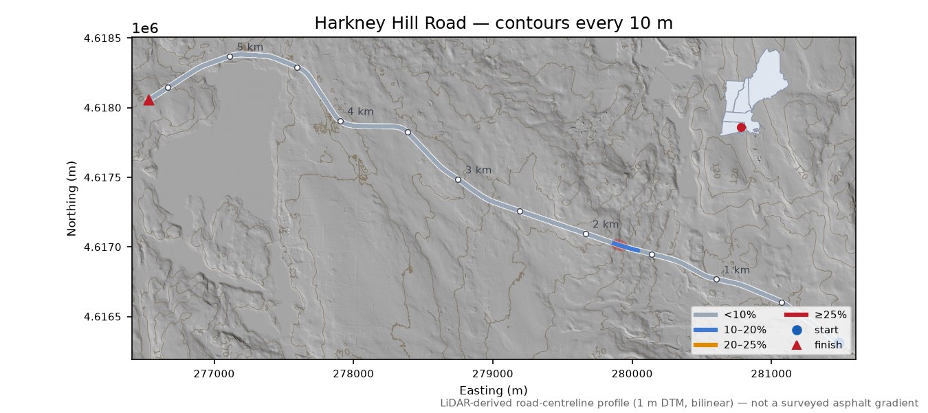 Harkney Hill Road LiDAR hillshade map with contours